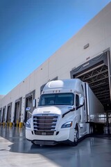 The truck is parked on the loading dock of an industrial warehouse, where many trucks with semi-trailers load goods