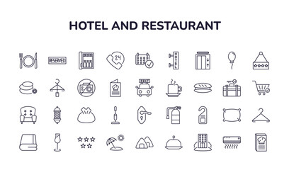 editable outline icons set. thin line icons from hotel and restaurant collection. linear icons such as meal, reserved, 24 service, beach hotel, hostel, cookbook - obrazy, fototapety, plakaty