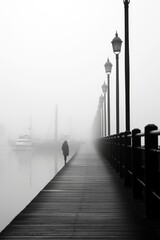 A person walking on a pier in the fog. Ideal for depicting solitude and mystery. Can be used in various design projects