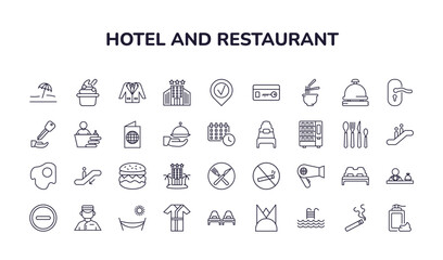 editable outline icons set. thin line icons from hotel and restaurant collection. linear icons such as beach umbrella, frozen yogurt, hotel, bathrobe, pool, lotion - obrazy, fototapety, plakaty