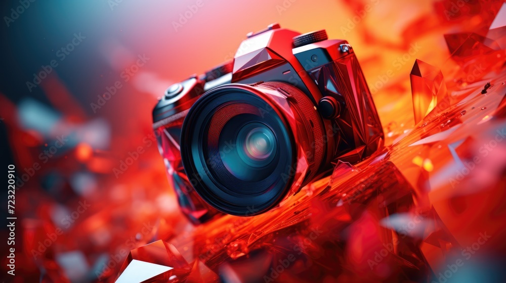 Poster a red camera sitting on top of a pile of red crystals. this image can be used for photography, techn