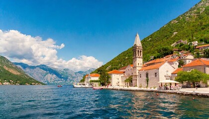 beautiful view of perast town in kotor bay montenegro famous travel destination summer landscape - obrazy, fototapety, plakaty