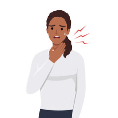 Young female having sore throat symptom. cold and flu, Pharyngitis or tonsil inflammation symptom. Flat vector illustration isolated on white background
