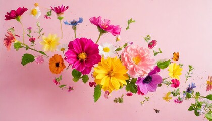 colorful flowers fly on a pink background summer and spring aesthetic nature concept