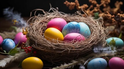 Fototapeta na wymiar Easter eggs nestled in a small, intricately woven nest.