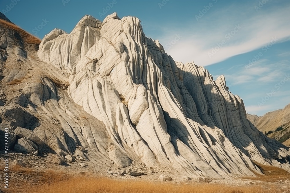 Poster a large rock formation in the middle of a desert. can be used to depict the vastness and solitude of