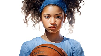 A dark-skinned girl basketball player with curly hair and a basketball sword in hands looks at the camera