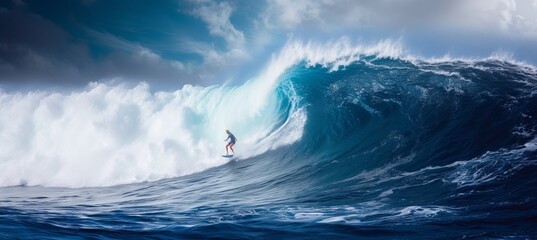 Surfer riding massive blue wave in ocean, extreme sports and active lifestyle concept