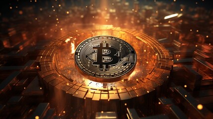 Futuristic Bitcoin symbol among a complex network of digital connections.