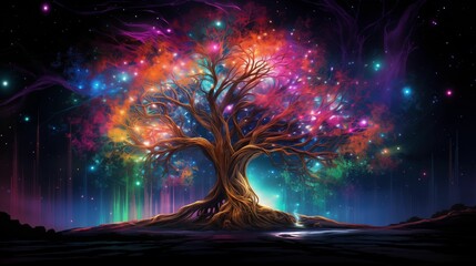 Futuristic dreamscape with a laser tree neon.