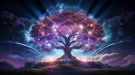 Futuristic dreamscape with a laser tree neon. - obrazy, fototapety, plakaty