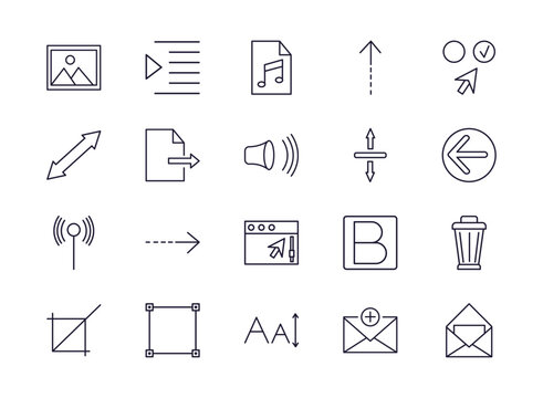 editable outline icons set. thin line icons from user interface collection. linear icons such as insert picture, music file, slim up, trash bin, letter size, open envelope