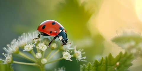 Vibrant ladybug on a flower bud, nature's beauty in sunlight. close-up, soft focus, perfect for spring themes. AI