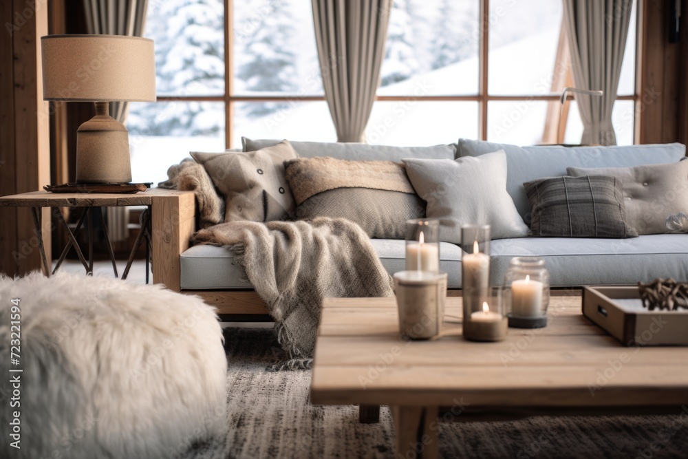 Poster A warm and inviting living room filled with comfortable furniture and lit candles. Perfect for creating a relaxing atmosphere at home or in a spa