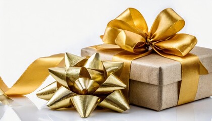 a gold ribbon and bow christmas birthday and valentines day gift and present decoration set isolated against a transparent background