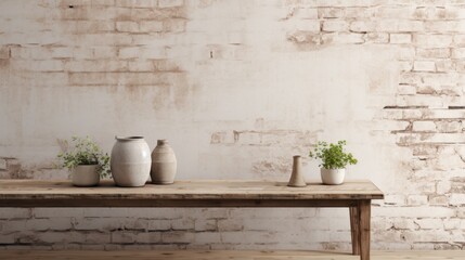 Three vases sitting on a wooden table next to a brick wall. Suitable for home decor or floral arrangements