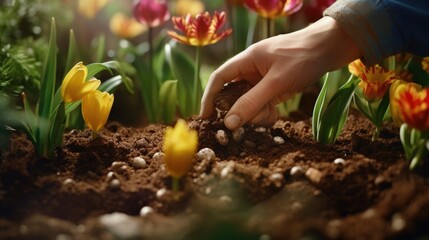 A person is seen digging in a garden with beautiful flowers in the background. This image can be used for gardening or landscaping-related projects