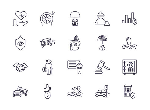 editable outline icons set. thin line icons from insurance collection. linear icons such as heart insurance, life insurance, construction risk, bank safe, risk pool, building