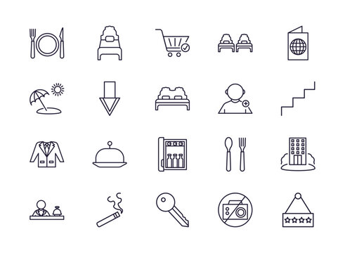 editable outline icons set. thin line icons from hotel and restaurant collection. linear icons such as meal, check out, beds, hostel, room key, hotel