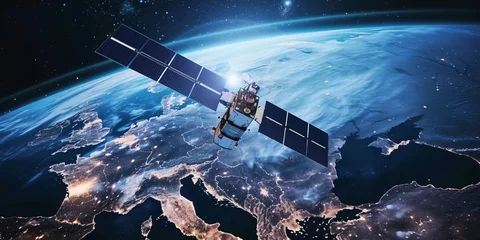 Foto op Canvas Global communication satellite providing high-speed data network above Europe, orbiting in low Earth orbit. Cutting-edge technology for global communication. © ckybe