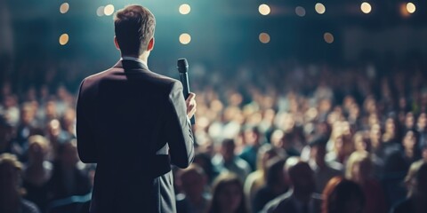 A man standing in front of a crowd, holding a microphone. Suitable for events, public speaking, and presentations - obrazy, fototapety, plakaty