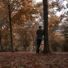 man trekking in the mountain in autumn season