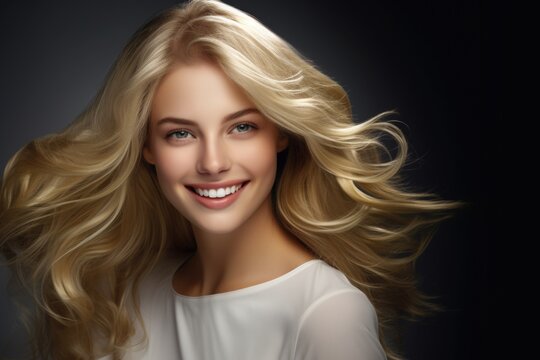 A woman with long blonde hair smiling at the camera. Suitable for various uses