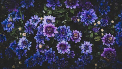 moody dark close up of blue and purple garden flowers floral pattern