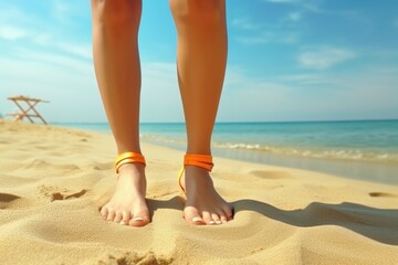 A woman standing on a beach with her feet in the sand. This image can be used to depict relaxation, vacation, or enjoying the seaside.