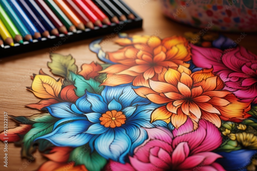 Poster drawing of flowers on a table with colored pencils. suitable for art and creativity concepts