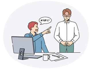 Furious businessman scream at stressed male employee in office. Mad boss or CEO yell scold unhappy distressed worker. Workplace subordination. Vector illustration.