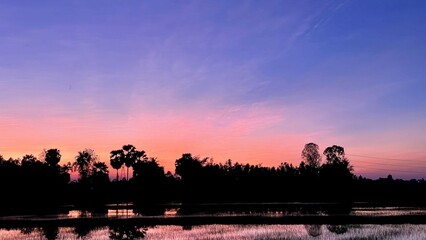 In the countryside, under a vanilla sky at sunset in the field.