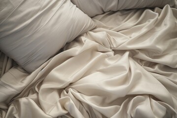 A picture of an unmade bed with white sheets and pillows. Can be used to depict a messy bedroom or a comfortable resting place
