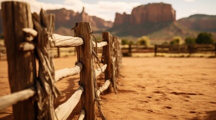 A picture of a wooden fence in a dirt field with majestic mountains in the background. Perfect for nature enthusiasts and outdoor enthusiasts