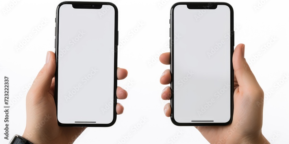 Poster hands holding up two phones. perfect for technology and communication concepts
