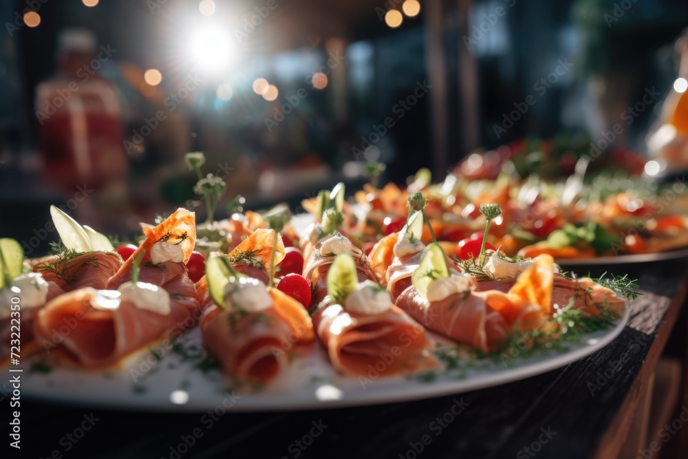 Poster a table filled with a diverse selection of food, perfect for any occasion. can be used to showcase d