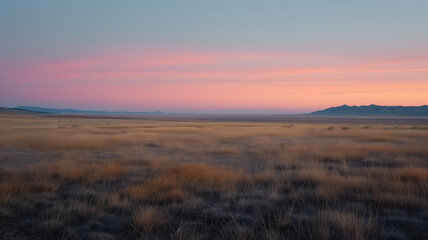 Serene sunset over golden prairie with distant hills