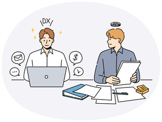 Fototapeta na wymiar Frustrated male employee look at colleague efficient working on computer with DX conversion. Confused worker with paperwork and efficient one comparison. Vector illustration.