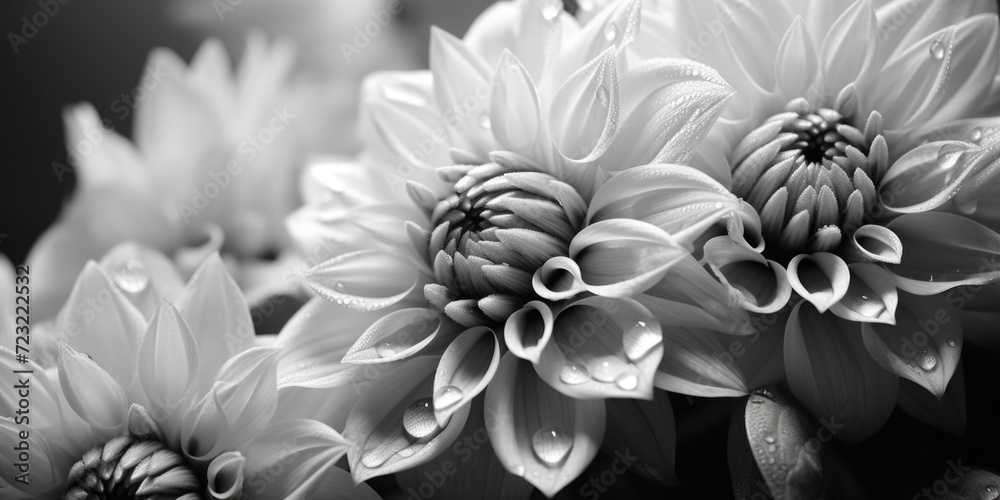 Poster a detailed view of flowers covered in glistening water droplets. perfect for adding a fresh and vibr