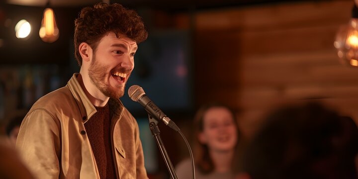 Joyful male performer singing on stage at a cozy evening event. candid emotions captured in intimate setting. perfect for entertainment themes. AI