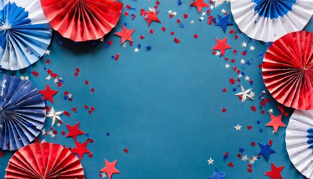 4th of july usa presidents day independence day memorial day us election concept red white and blue paper fans with stars confetti on blue background flat lay top view copy space banner