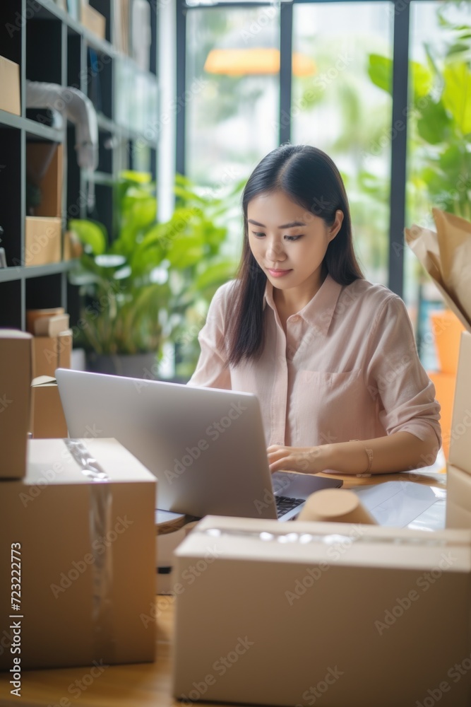 Poster a woman sitting at a table working on a laptop. suitable for business and remote work concepts