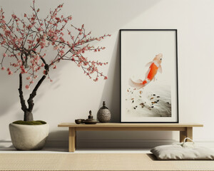 Zen-inspired interior showcasing a koi fish canvas, blending natural motifs with modern decor