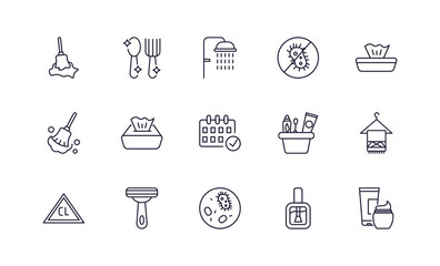editable outline icons set. thin line icons from hygiene collection. linear icons such as wet cleaning, food hygiene, antibacterial, face towel, microbes, cosmetics - obrazy, fototapety, plakaty