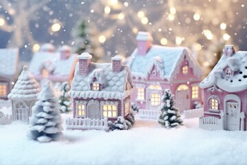 A group of miniature houses covered in snow. Perfect for winter-themed designs