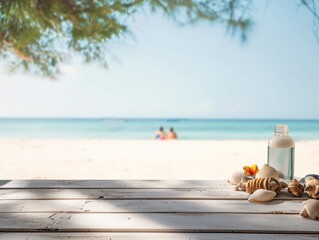 Tropical Beach Mockup Scene with Shells and a Bottle on a White Wooden Surface