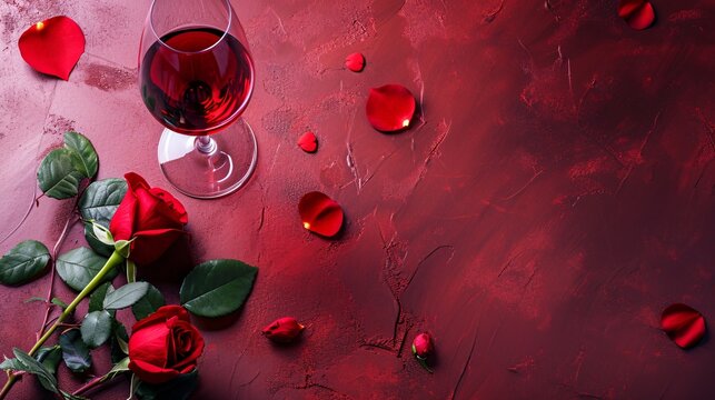 Romantic wine and flower Valentine's Day backdrop. Premium image.