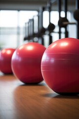 A row of red exercise balls lined up on a wooden floor. Perfect for fitness and exercise concepts