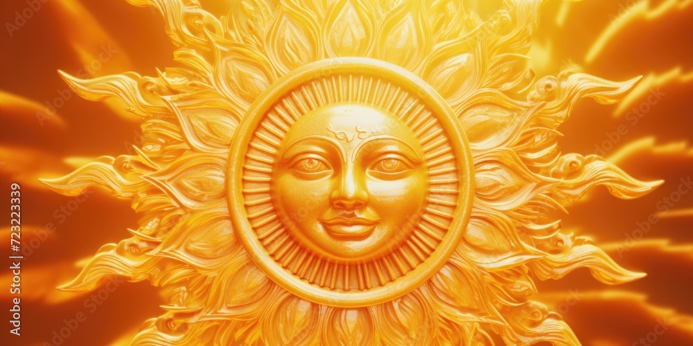 Poster A golden sun with a face in the middle. Can be used for various design projects
