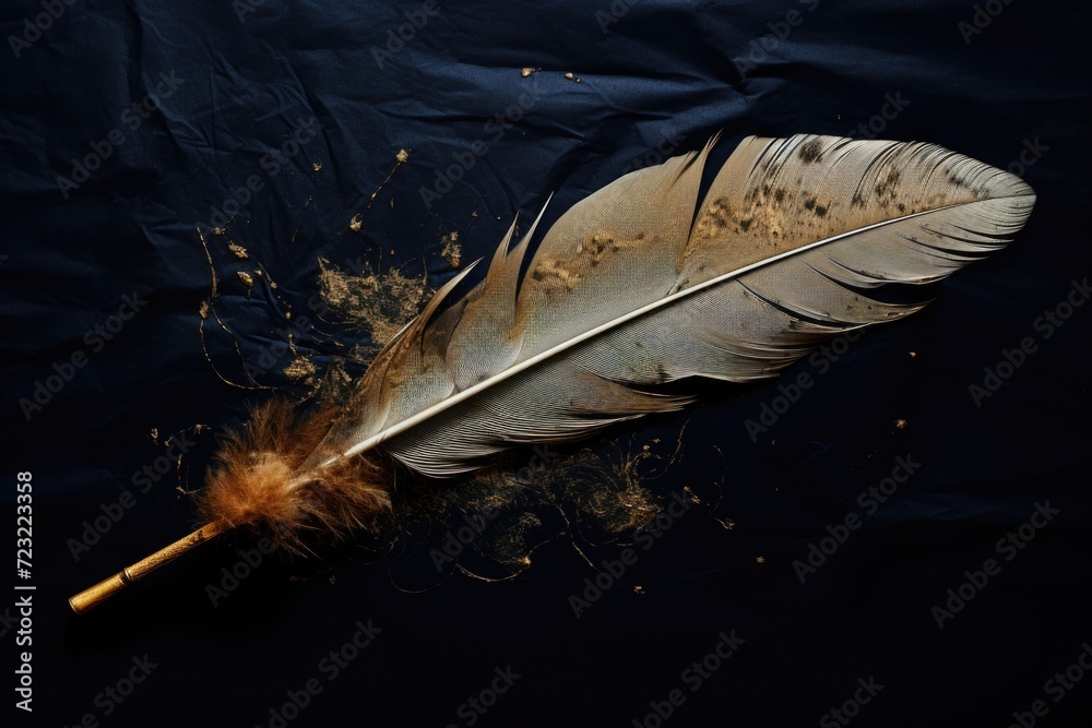 Poster A feather resting on the ground. Perfect for nature-themed projects or as a symbol of lightness and delicacy